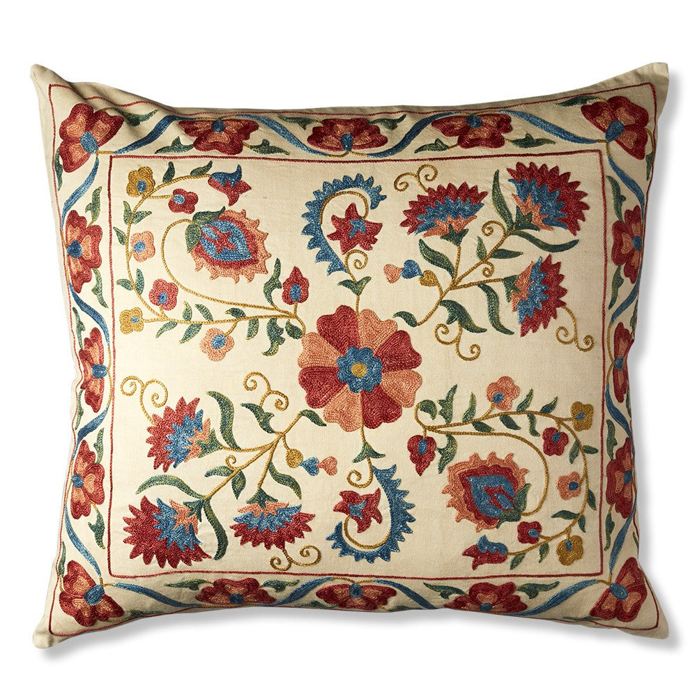 Nushka Cushions Large Rectangular Peach, Coral and Blue Floral Embroidered, Silk Suzani Cushion