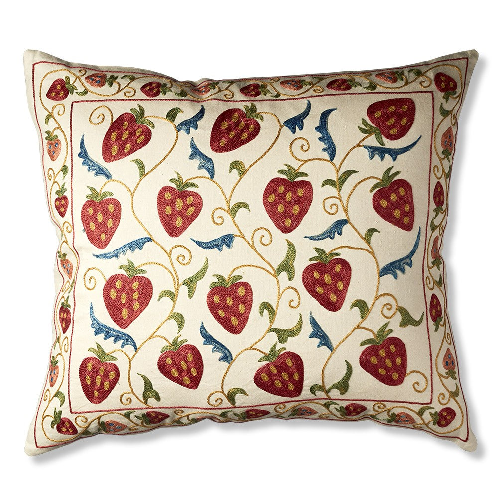 Nushka Cushions Large Rectangular Strawberry Design Embroidered, Silk Suzani Cushion