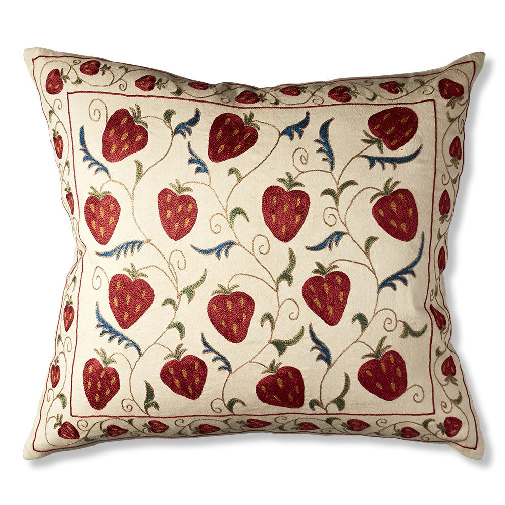 Nushka Cushions Large Rectangular Strawberry Design Embroidered, Silk Suzani Cushion