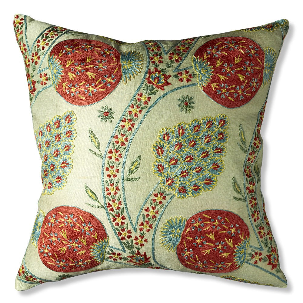 Nushka Cushions Mint Green and Coral Pomegranate Tree Silk Suzani Embroidered Cushion