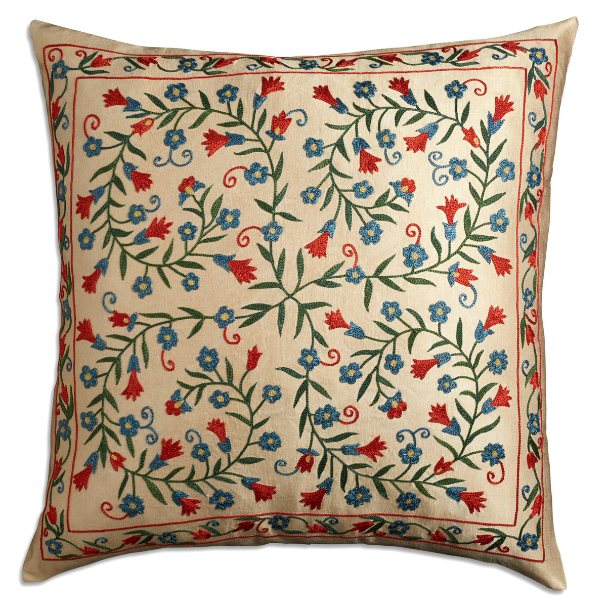 Nushka Cushions Pair of floral embroidered Suzani embroidered silk cushions