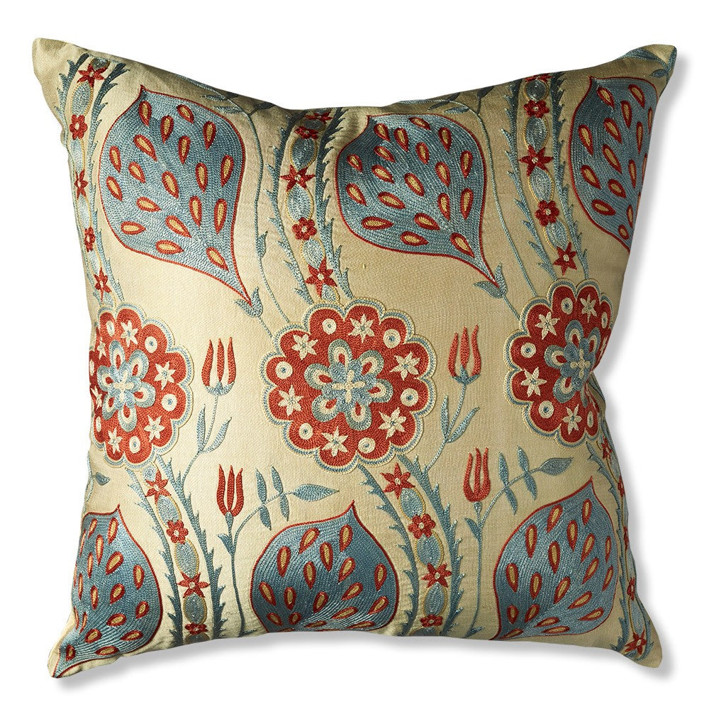 Nushka Cushions Pale Blue and Coral, Floral and Seed Pod Embroidered, Square Silk Suzani Cushion