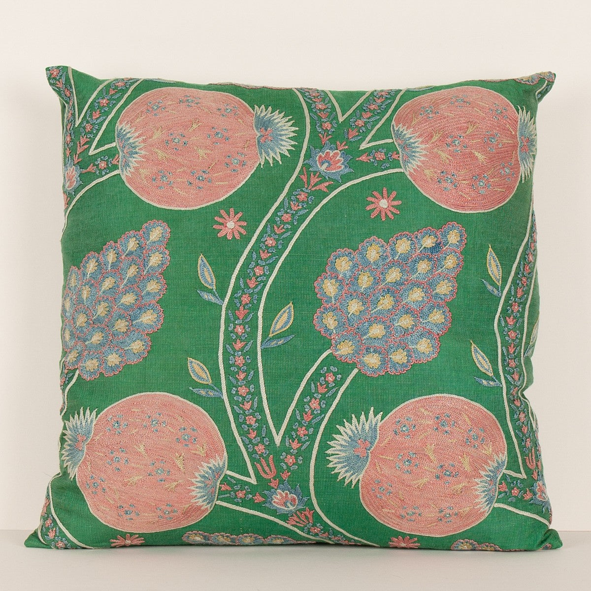 Nushka Cushions Pink and Blue Pomegranate Tree Embroidered, Green Silk Suzani Cushion