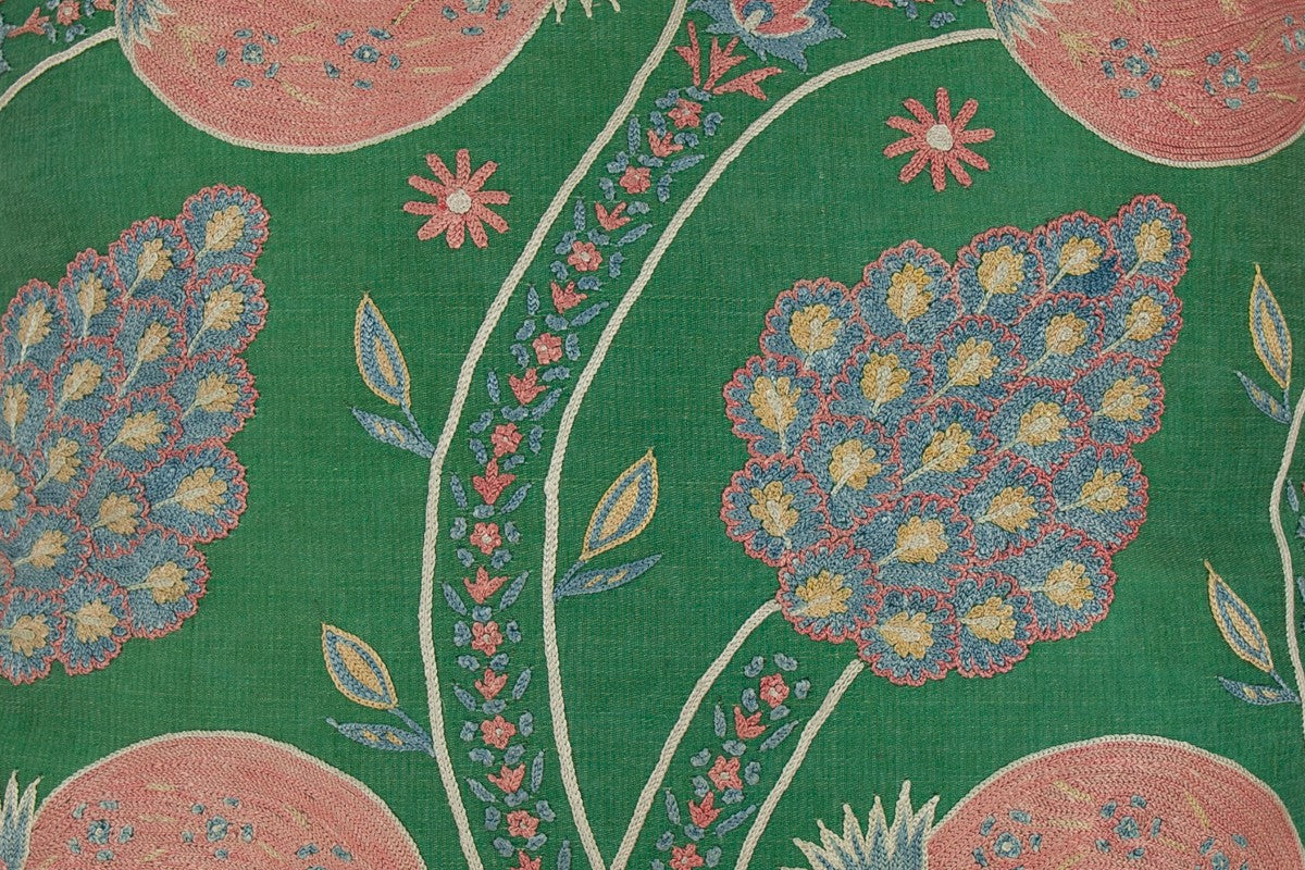 Nushka Cushions Pink and Blue Pomegranate Tree Embroidered, Green Silk Suzani Cushion