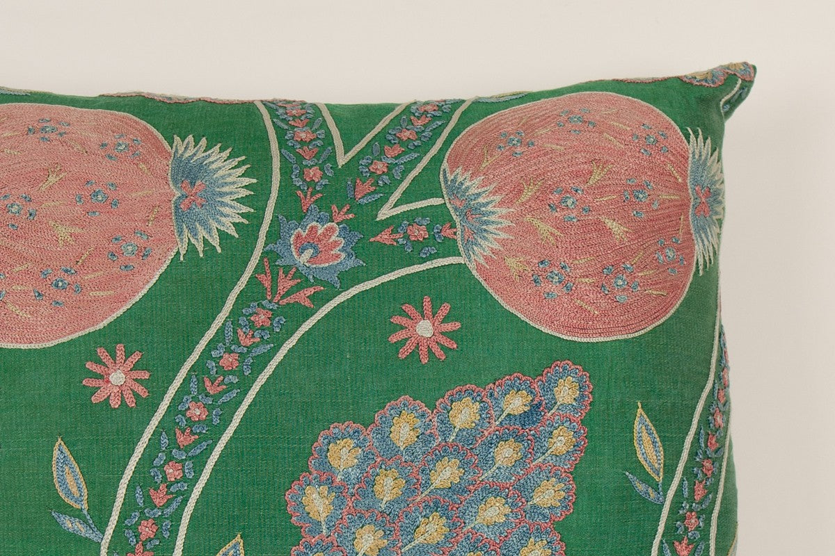 Nushka Cushions Pink and Blue Pomegranate Tree Embroidered, Green Silk Suzani Cushion