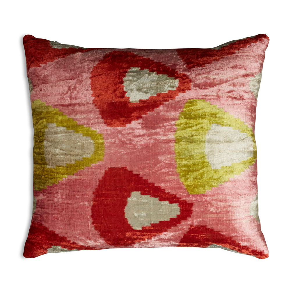 Nushka Cushions Pink and Chartreuse Hand-woven Silk Velvet Ikat Cushion