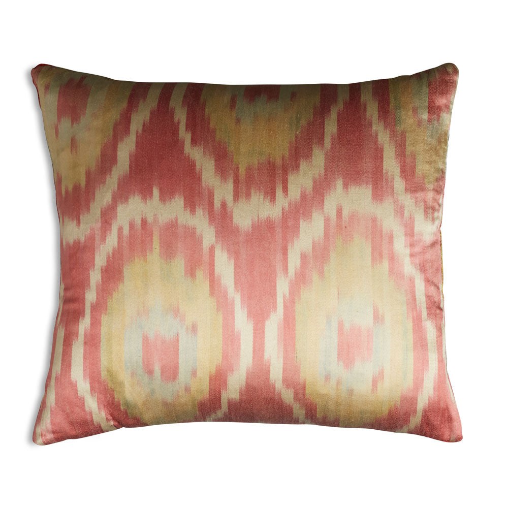 Nushka Cushions Pink and Chartreuse Hand-woven Silk Velvet Ikat Cushion