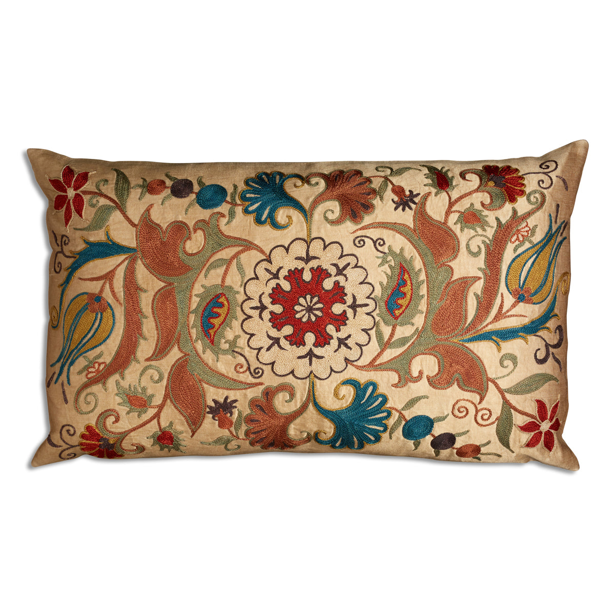 Nushka Cushions Pink and Sage Floral and Leaf Design Silk Suzani Embroidered Cushion