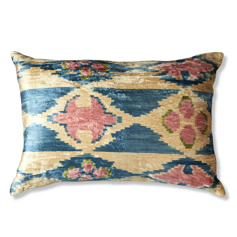 Nushka Cushions Rectangular Pink/Blue Hand-woven Silk Velvet Ikat Cushion