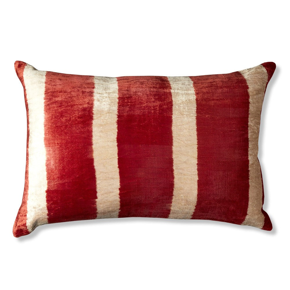 Nushka Cushions Rectangular Red Stripe Hand-woven Silk Velvet Ikat Cushion