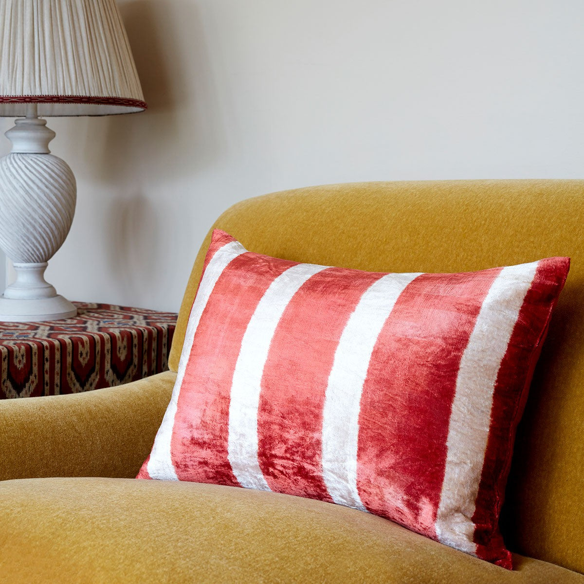 Nushka Cushions Rectangular Red Stripe Hand-woven Silk Velvet Ikat Cushion