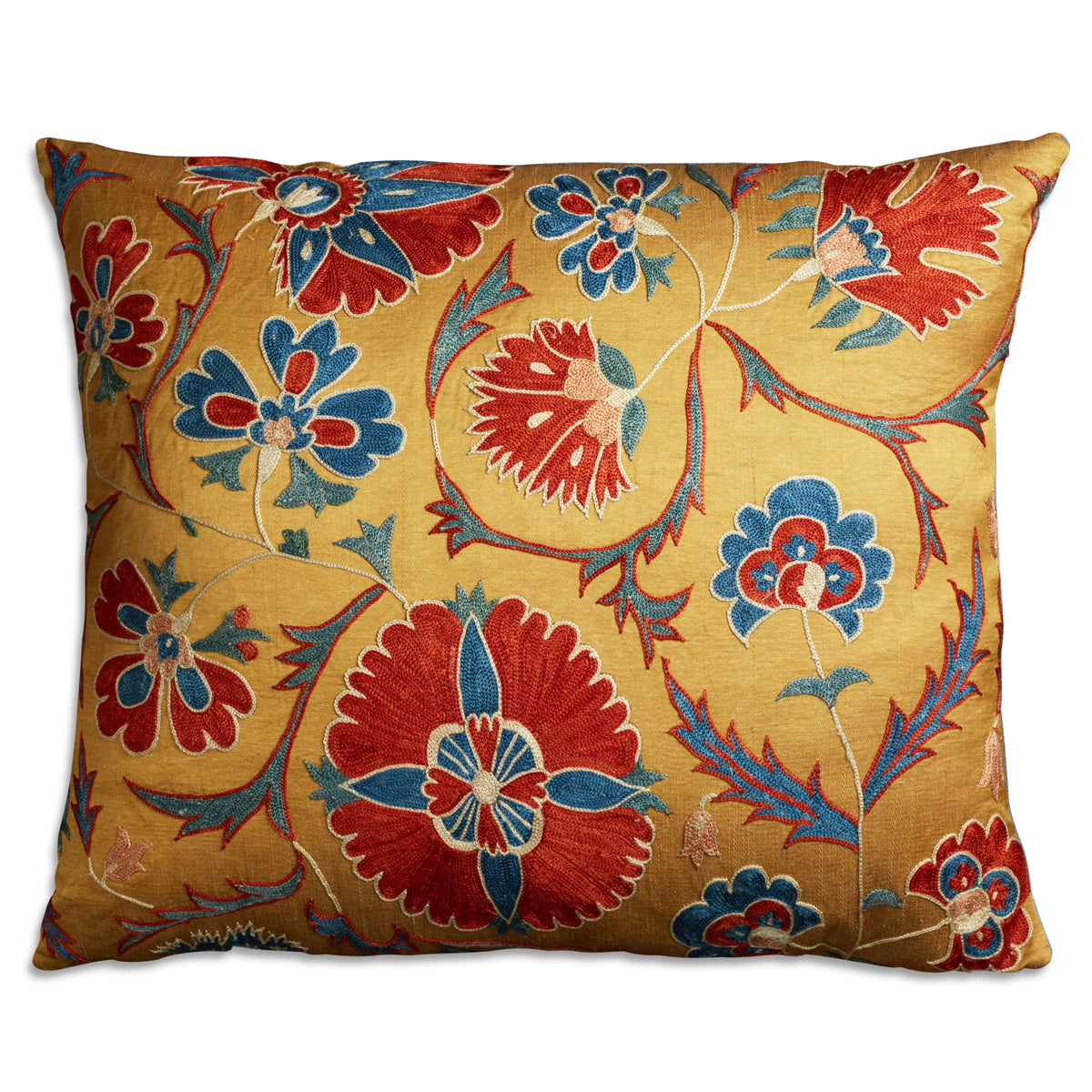 Nushka Cushions Rectangular Silk Suzani Embroidered cushion on gold silk ground