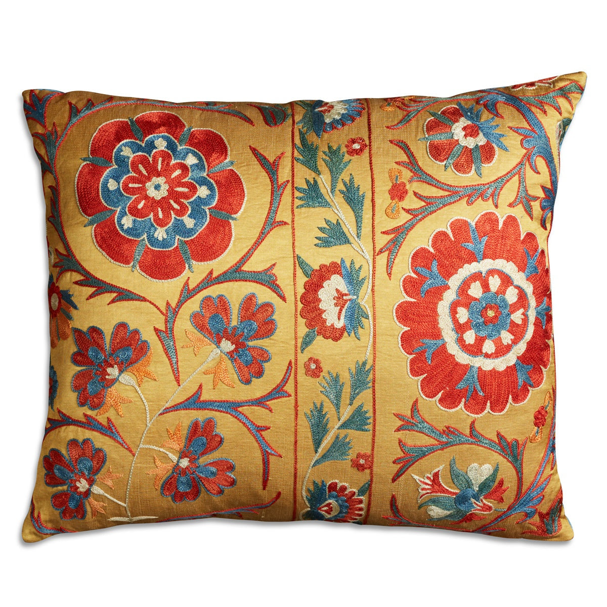 Nushka Cushions Rectangular Silk Suzani Embroidered cushion on gold silk ground