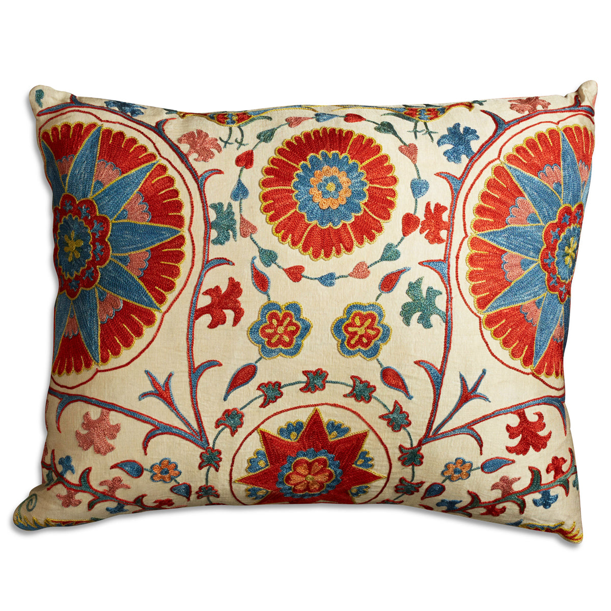 Nushka Cushions Rectangular Silk Suzani Embroidered cushion on pale pistachio ground