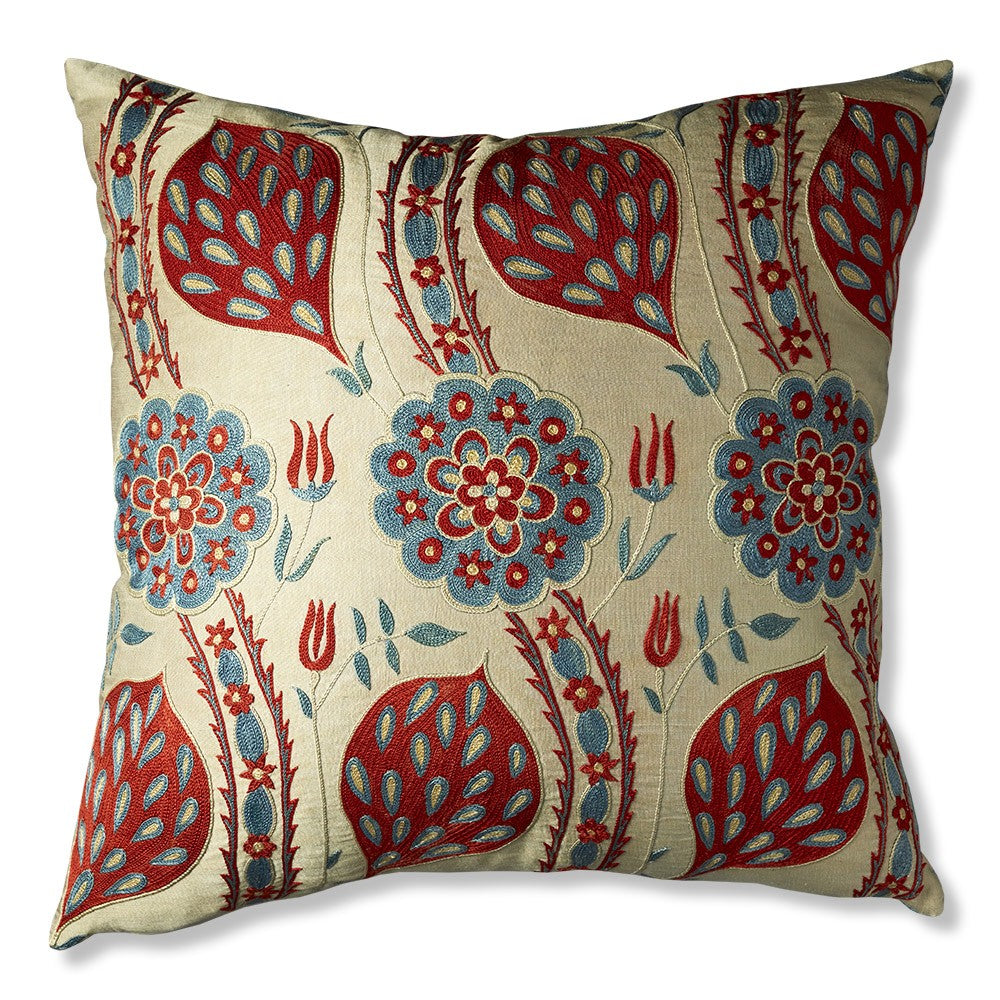 Nushka Cushions Red and Blue Floral Silk Suzani Embroidered Cushion with Blue Silk Back