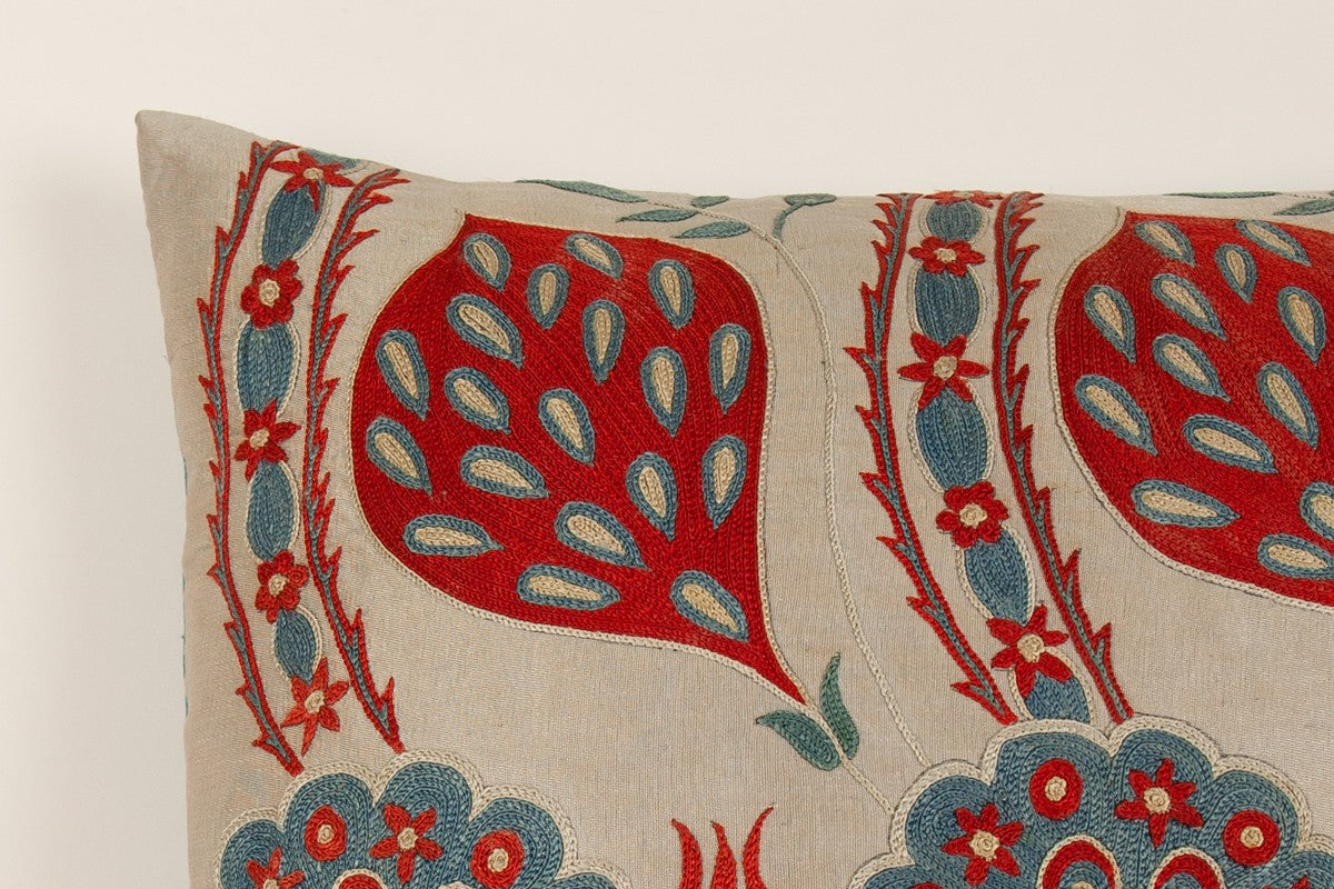 Nushka Cushions Red and Blue Floral Silk Suzani Embroidered Cushion with Blue Silk Back