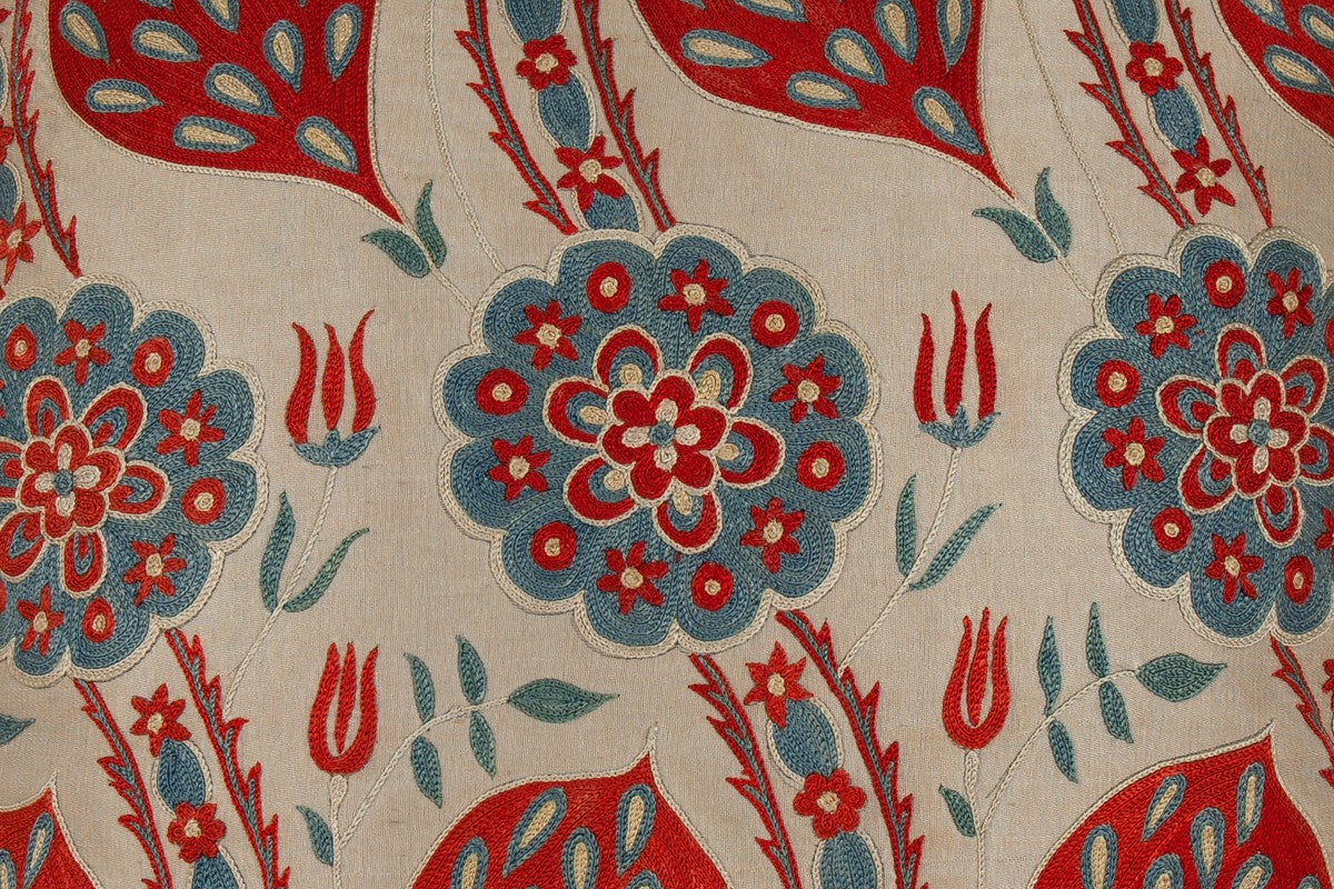 Nushka Cushions Red and Blue Floral Silk Suzani Embroidered Cushion with Blue Silk Back