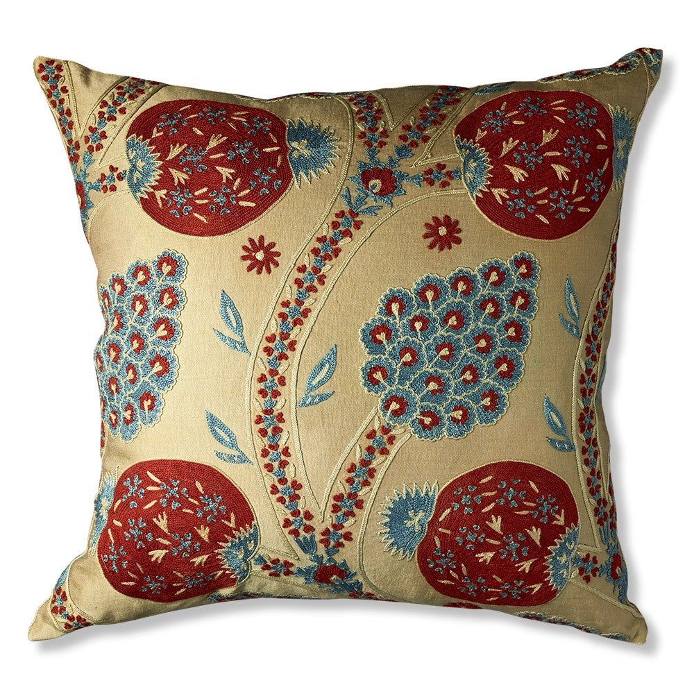 Nushka Cushions Red and Blue Pomegranate Tree Embroidered Mint Silk Suzani Cushion with Blue Back