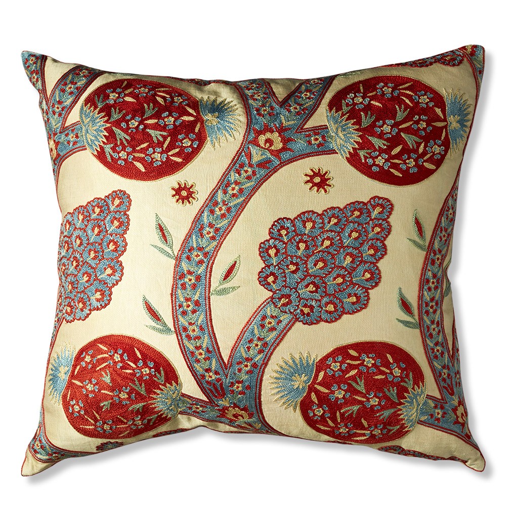 Nushka Cushions Red and Blue Pomegranate Tree Silk Suzani Embroidered Cushion