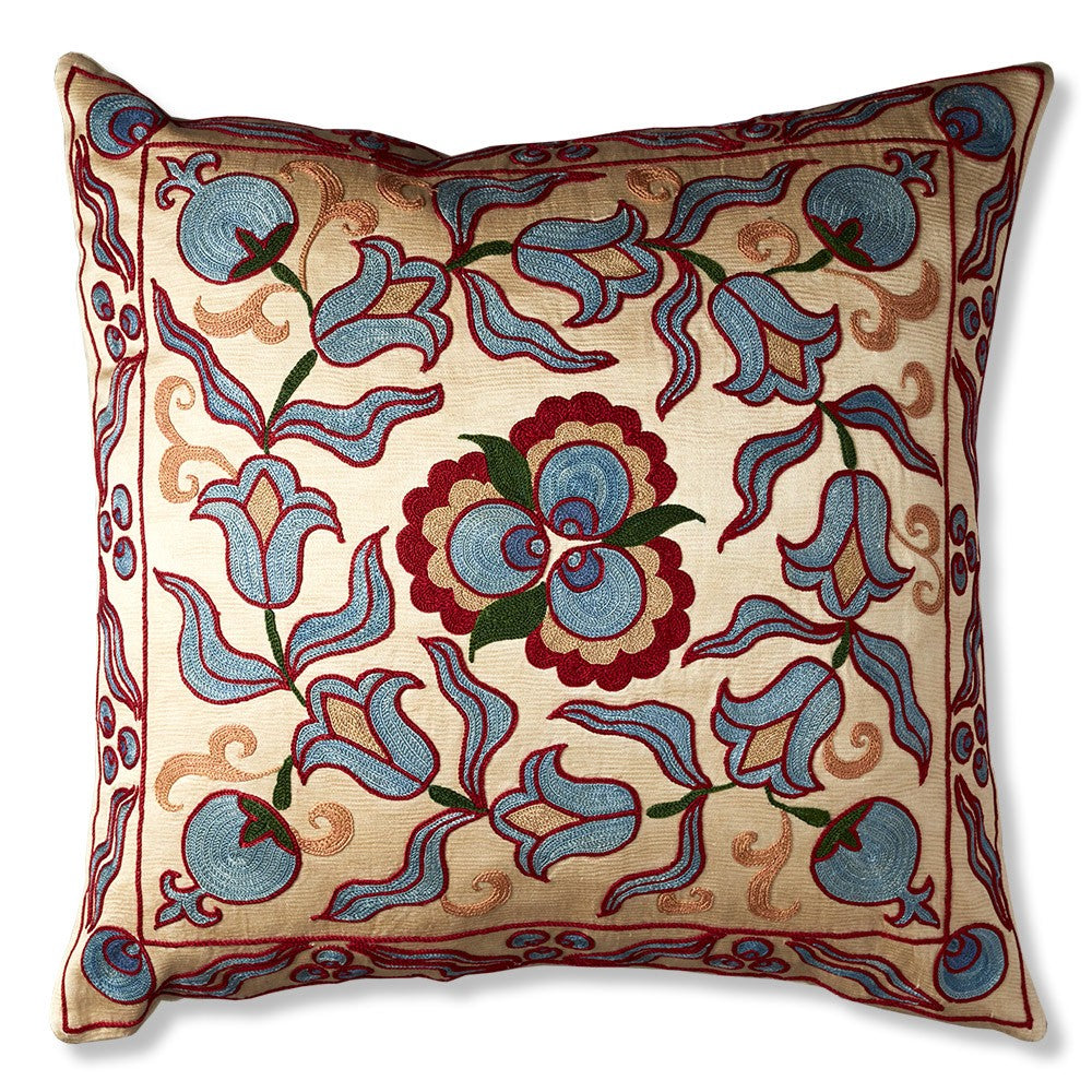 Nushka Cushions Red and Powder Blue Floral Silk Suzani Embroidered Cushion