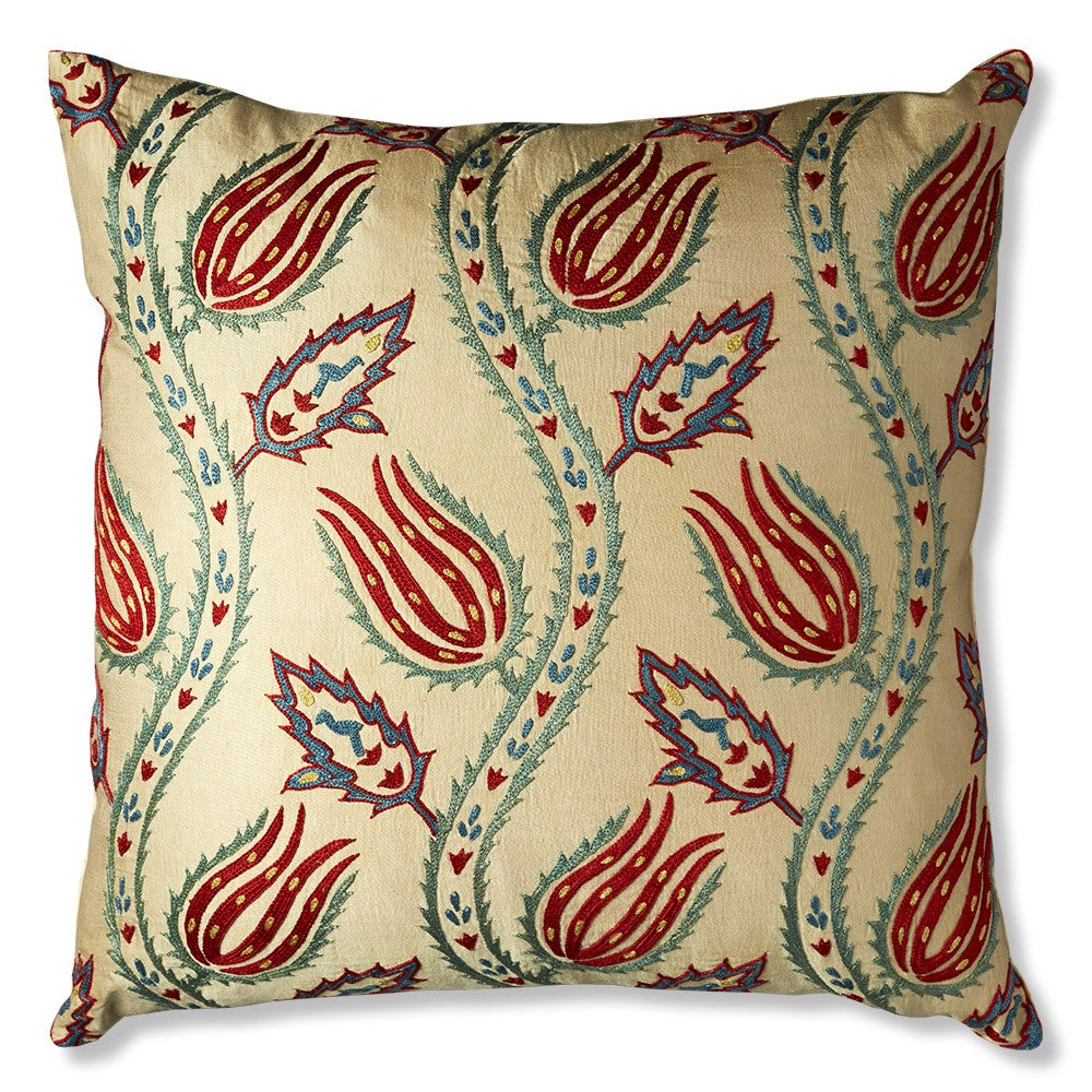 Nushka Cushions Red, Blue and Cream, Line Drawn Floral Silk Suzani Embroidered Cushion