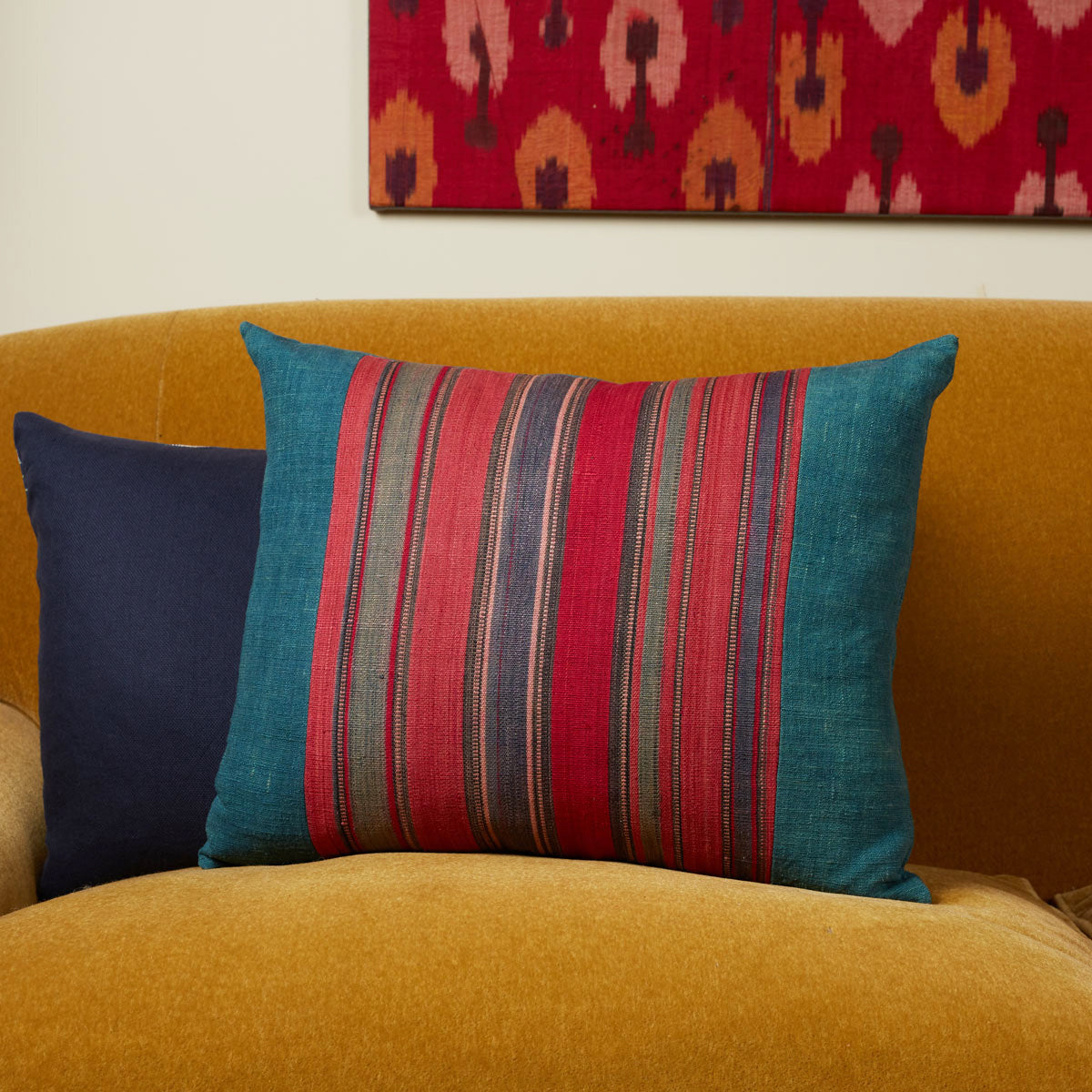 Nushka Cushions Silk Jajim Cushion - Air force blue wide ticking stripe cushion with pinks and greys in the stripe