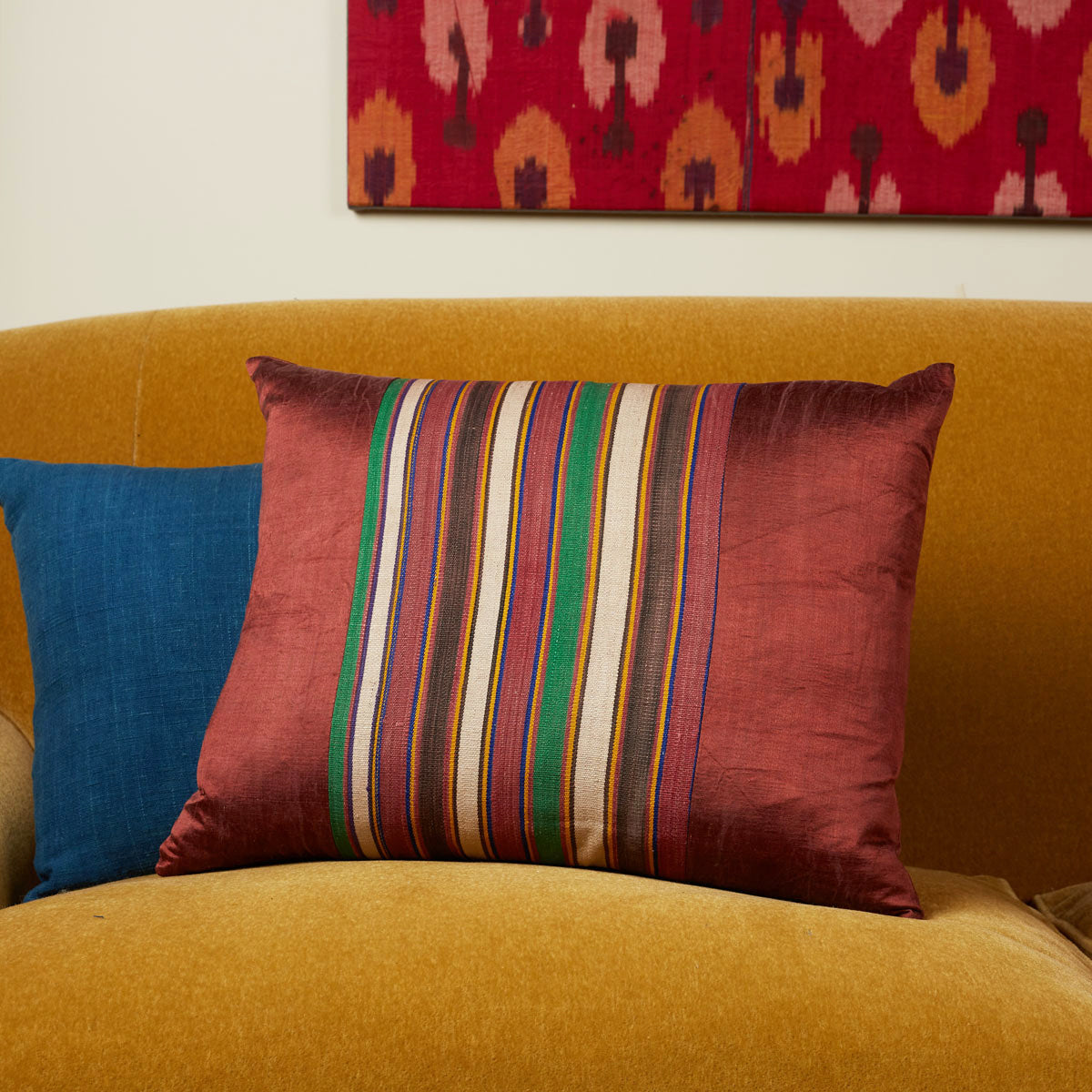 Nushka Cushions Silk Jajim Cushion - Aubergine multicolured stripe cushion with green and cream in the stripe