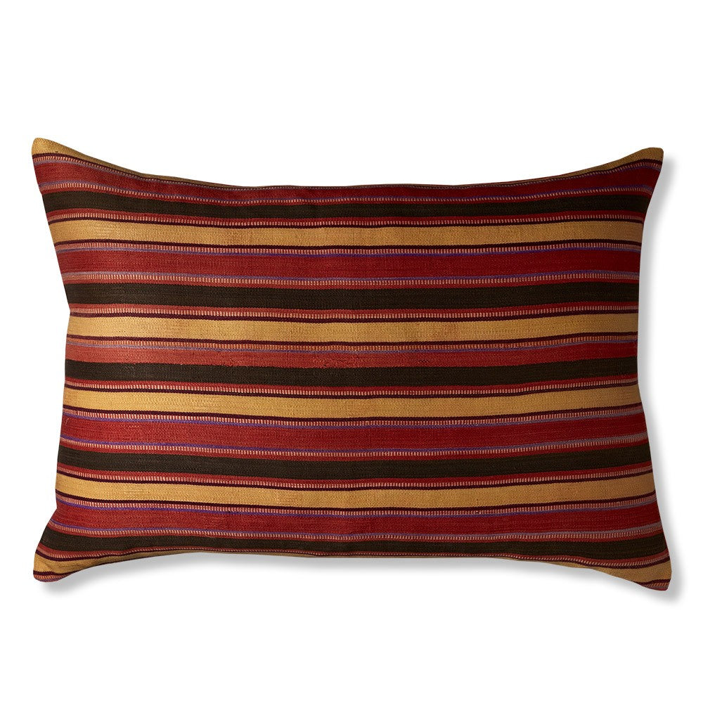 Nushka Cushions Silk Jajim Cushion - Black, Coral And Yellow Stripe