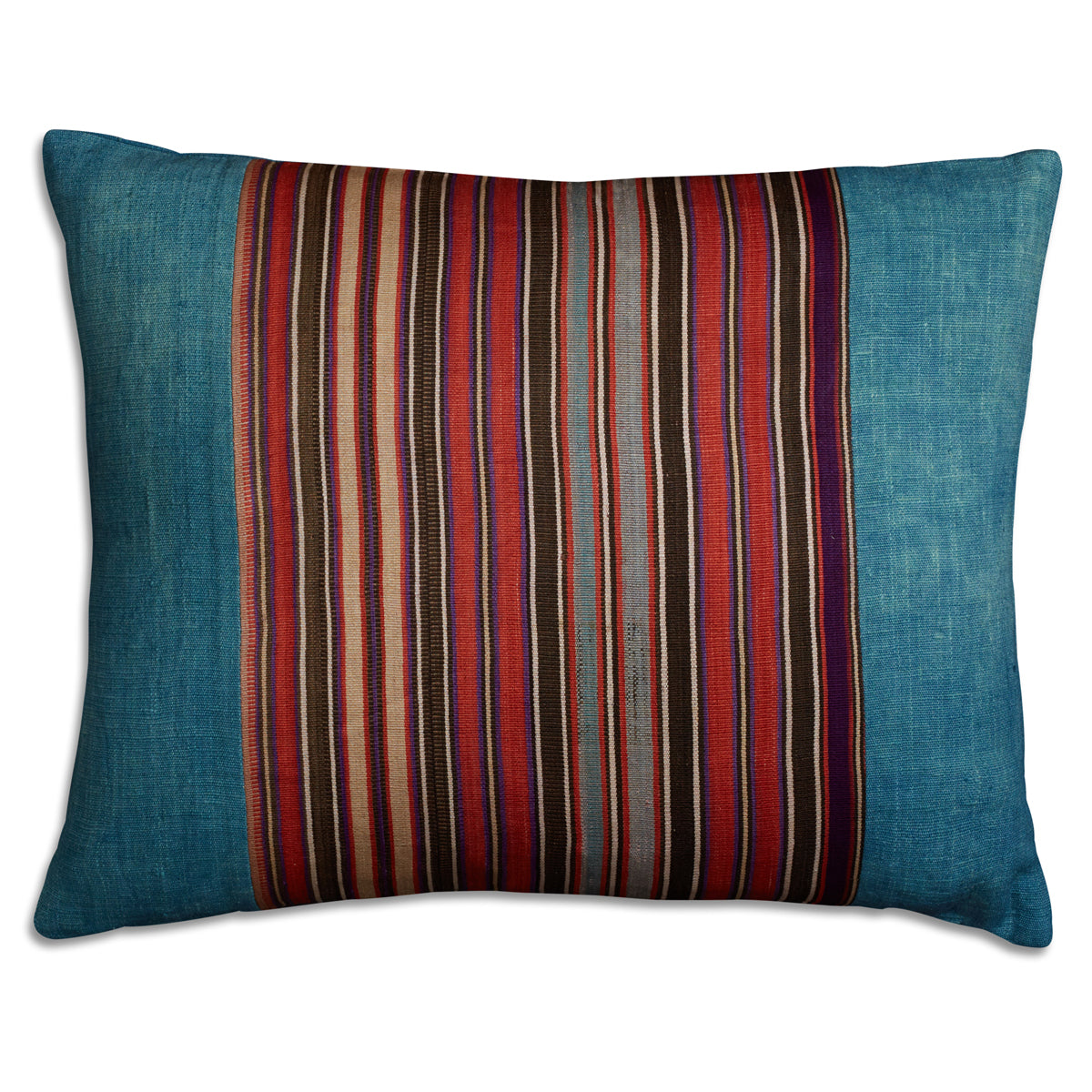 Nushka Cushions Silk Jajim Cushion - Denim blue silk narrow multicoloured stripe