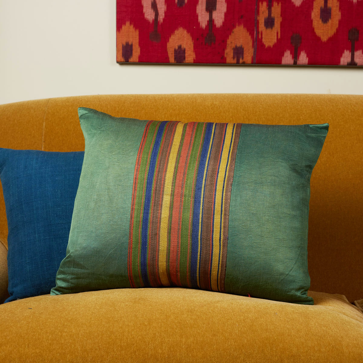 Nushka Cushions Silk Jajim Cushion - Forest green multicoloured stripe cushion with lavender and yellow in the stripe