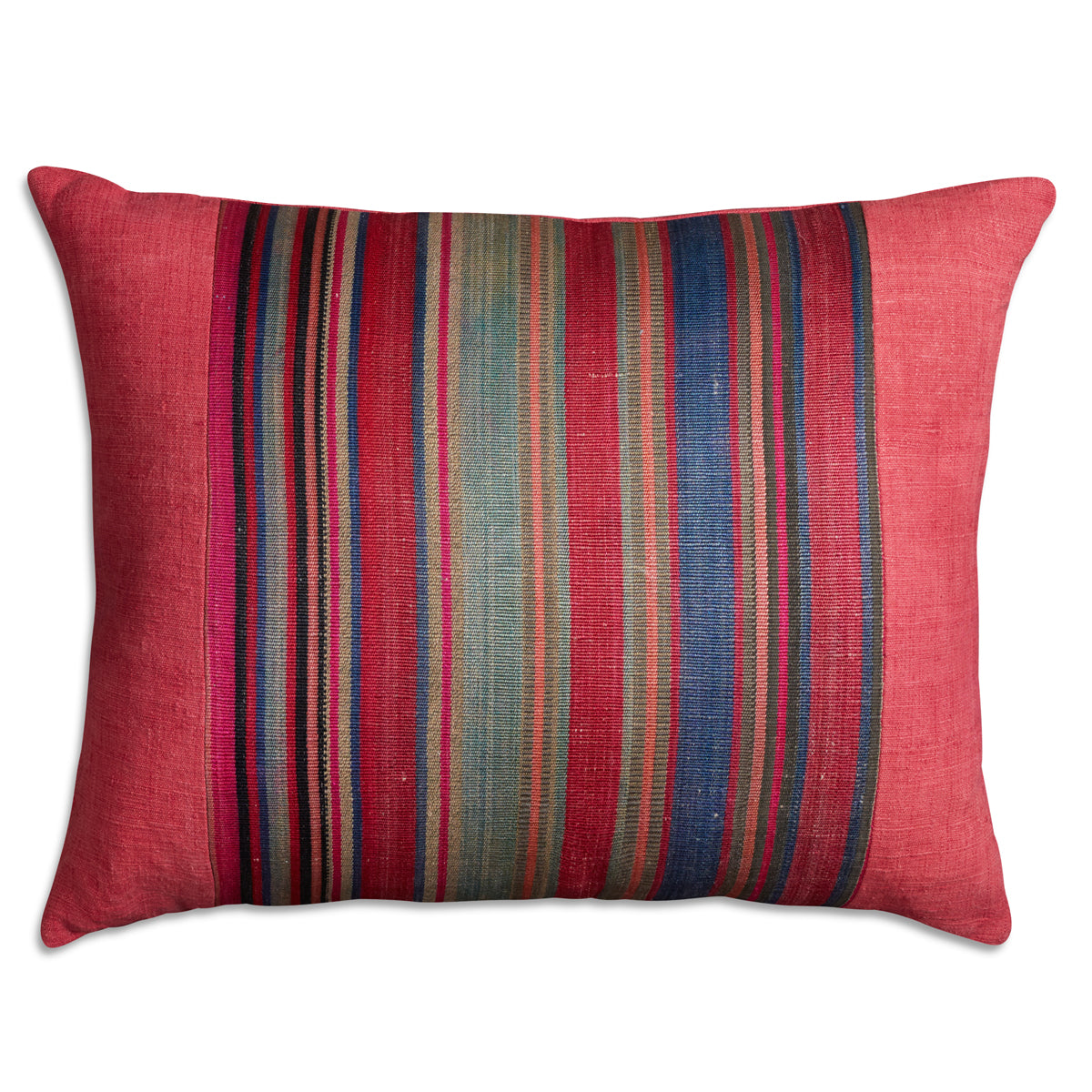 Nushka Cushions Silk Jajim Cushion - Fushia multicoloured wide stripe cushion with denim and blue in the stripe