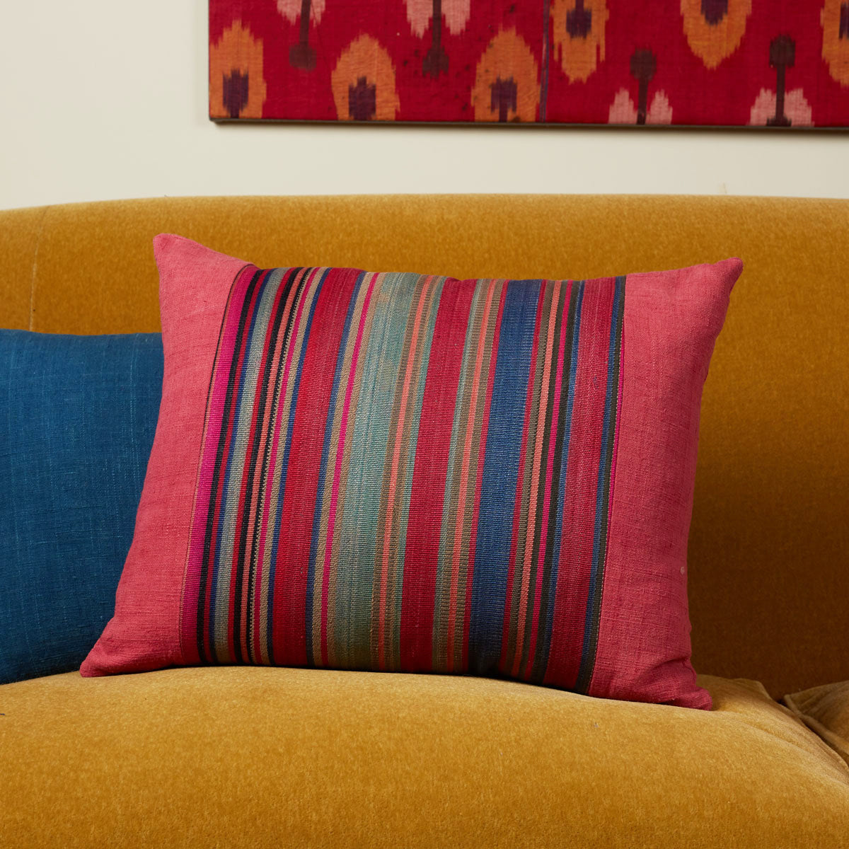 Nushka Cushions Silk Jajim Cushion - Fushia multicoloured wide stripe cushion with denim and blue in the stripe