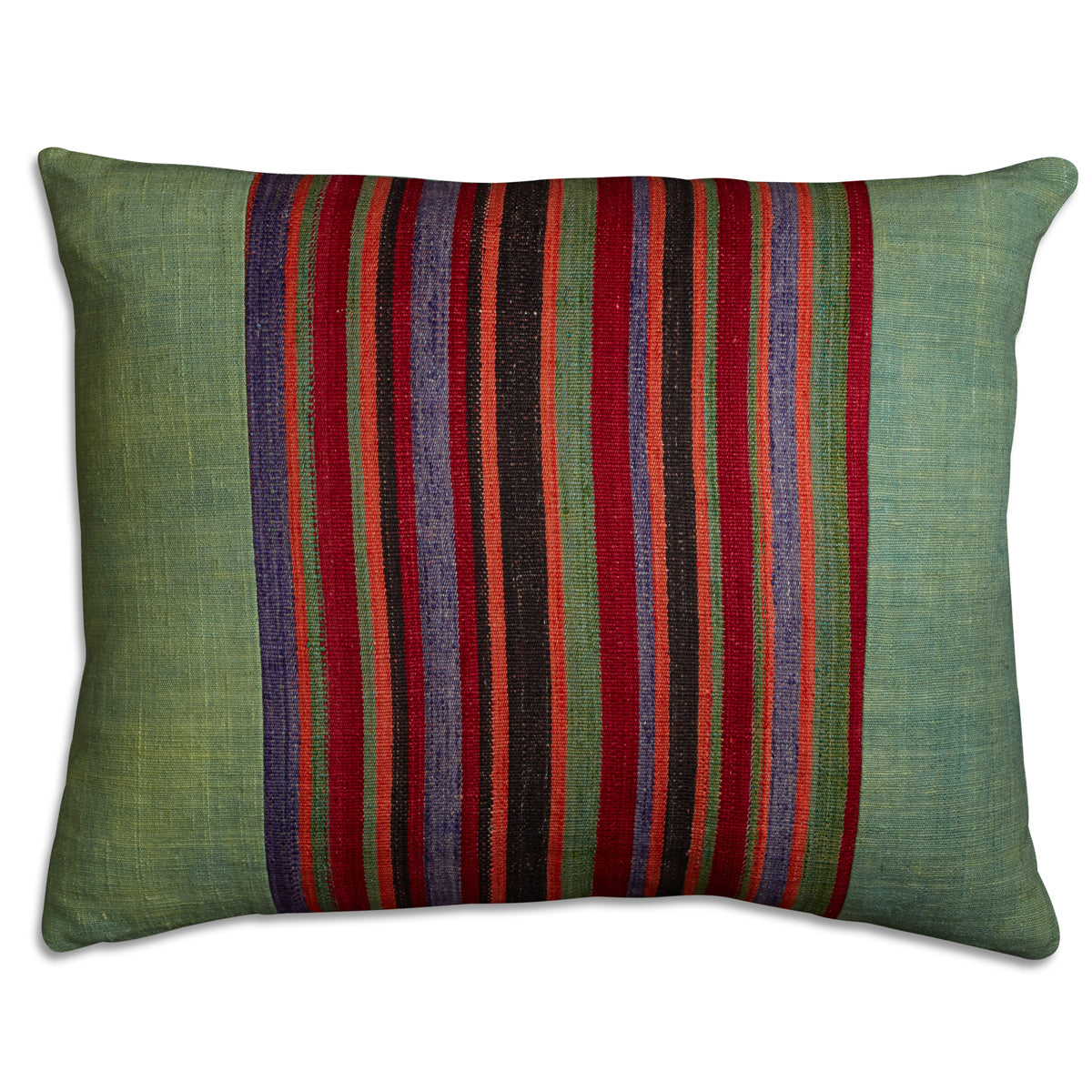 Nushka Cushions Silk Jajim Cushion - Green multicoloured stripe with orange and blues in the stripe