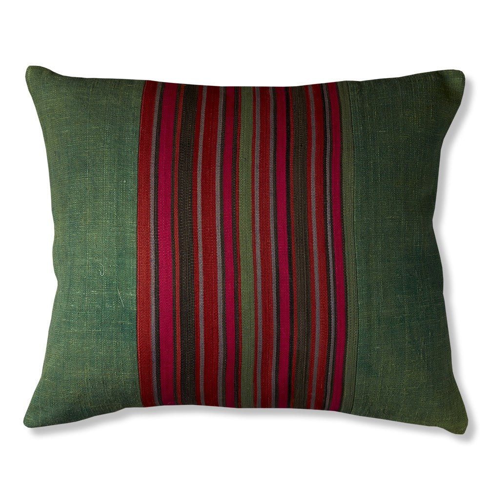 Nushka Cushions Silk Jajim Cushion - Green with Black, Pink and Red Stripe