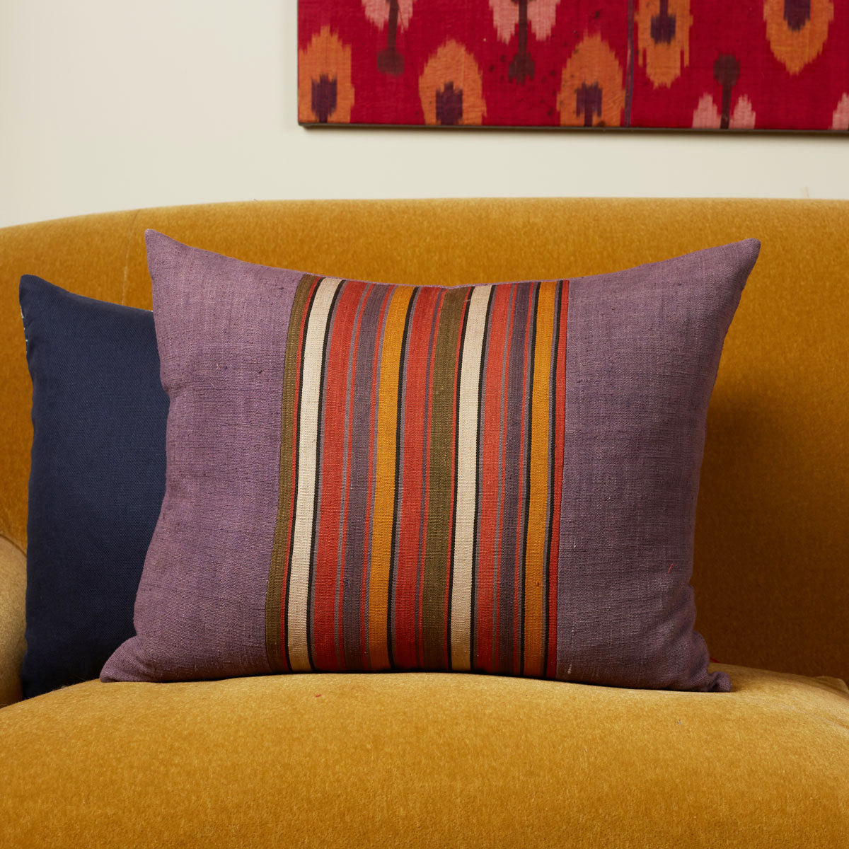 Nushka Cushions Silk Jajim Cushion - Lavender multicoloured stripe cushion with yellow and orange in the stripe