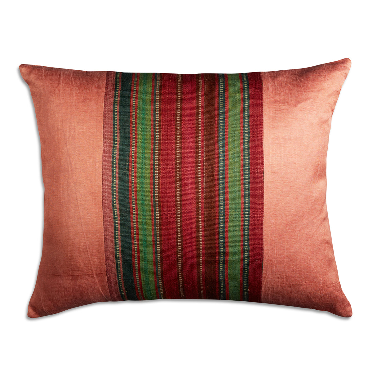 Nushka Cushions Silk Jajim Cushion - Pale peach/red/green wide stripe