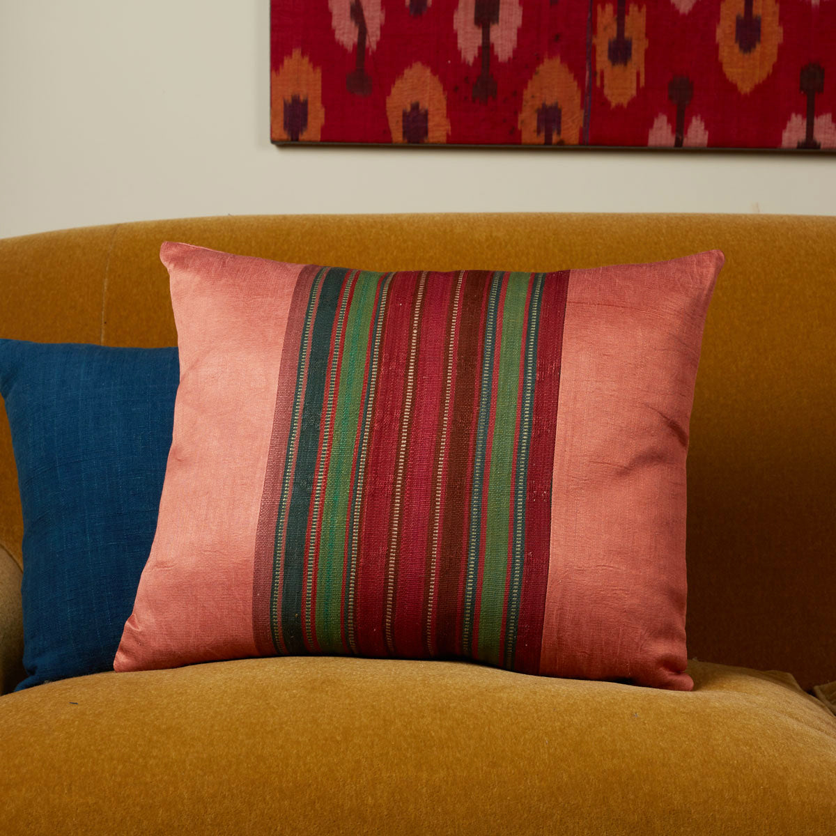 Nushka Cushions Silk Jajim Cushion - Pale peach/red/green wide stripe