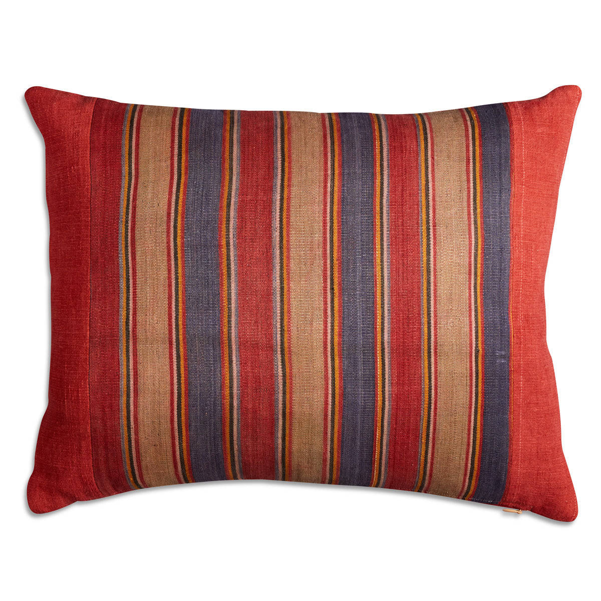 Nushka Cushions Silk Jajim Cushion - Red/indigo/light khaki wide stripe