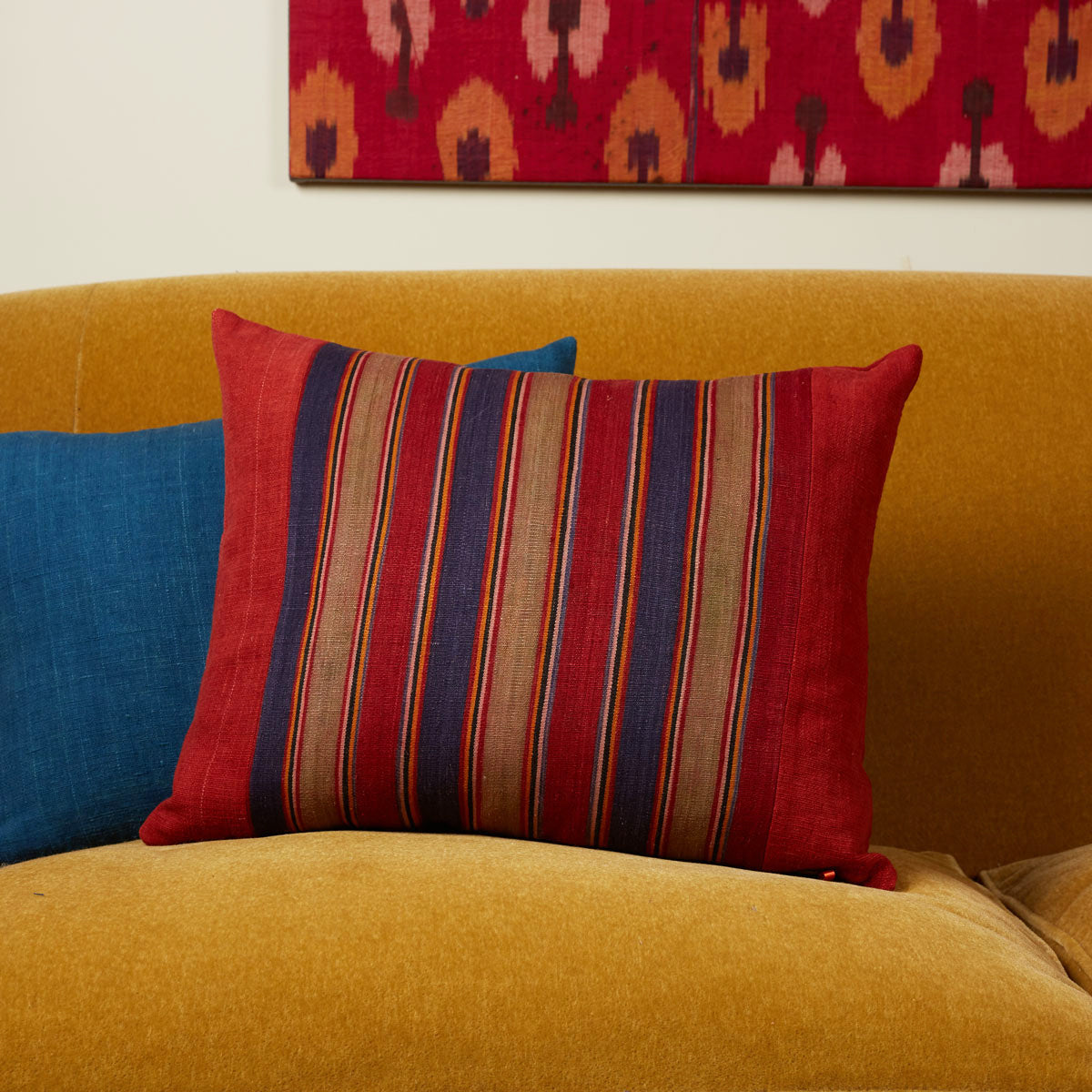 Nushka Cushions Silk Jajim Cushion - Red/indigo/light khaki wide stripe