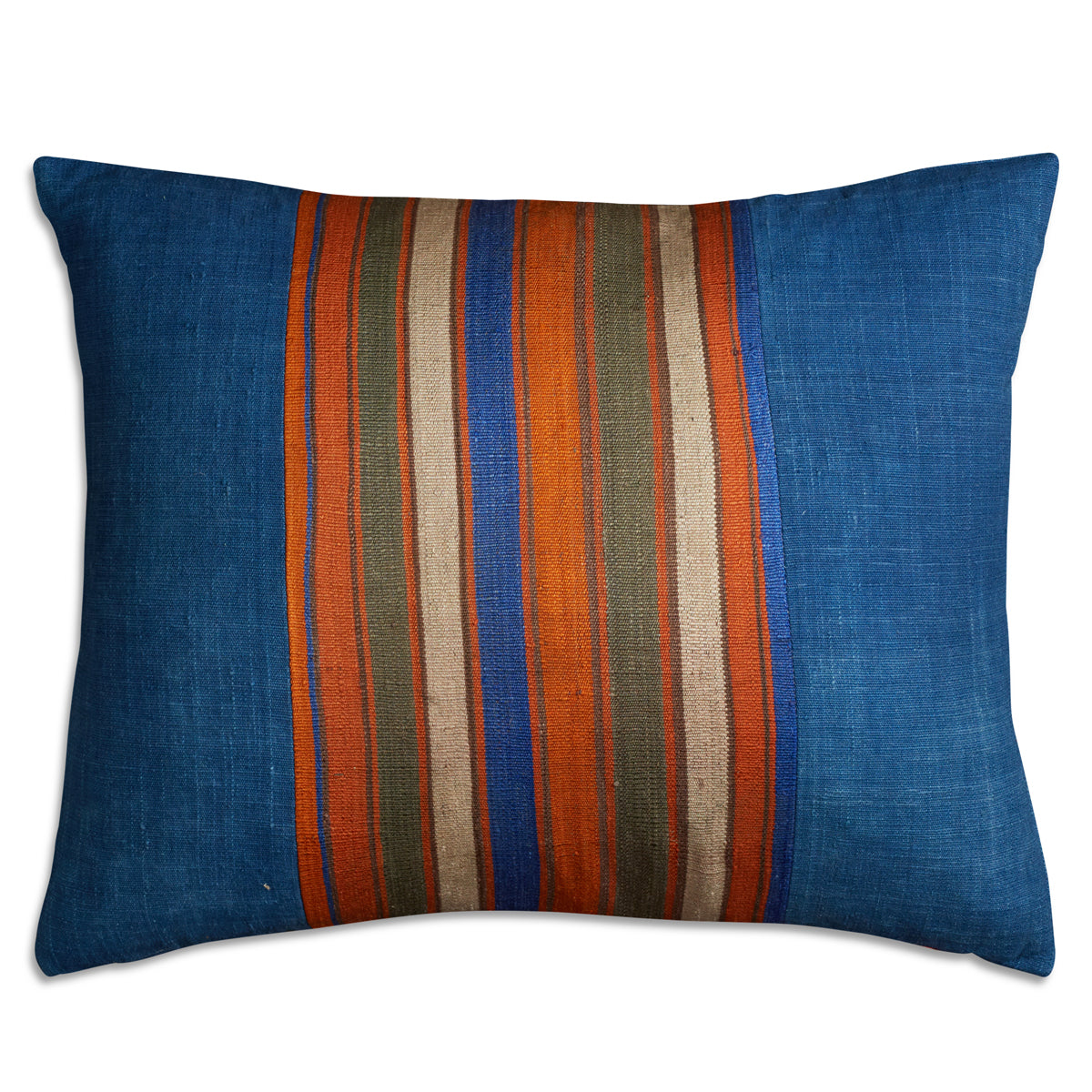 Nushka Cushions Silk Jajim Cushion - Royal blue and orange multicoloured stripe cushion