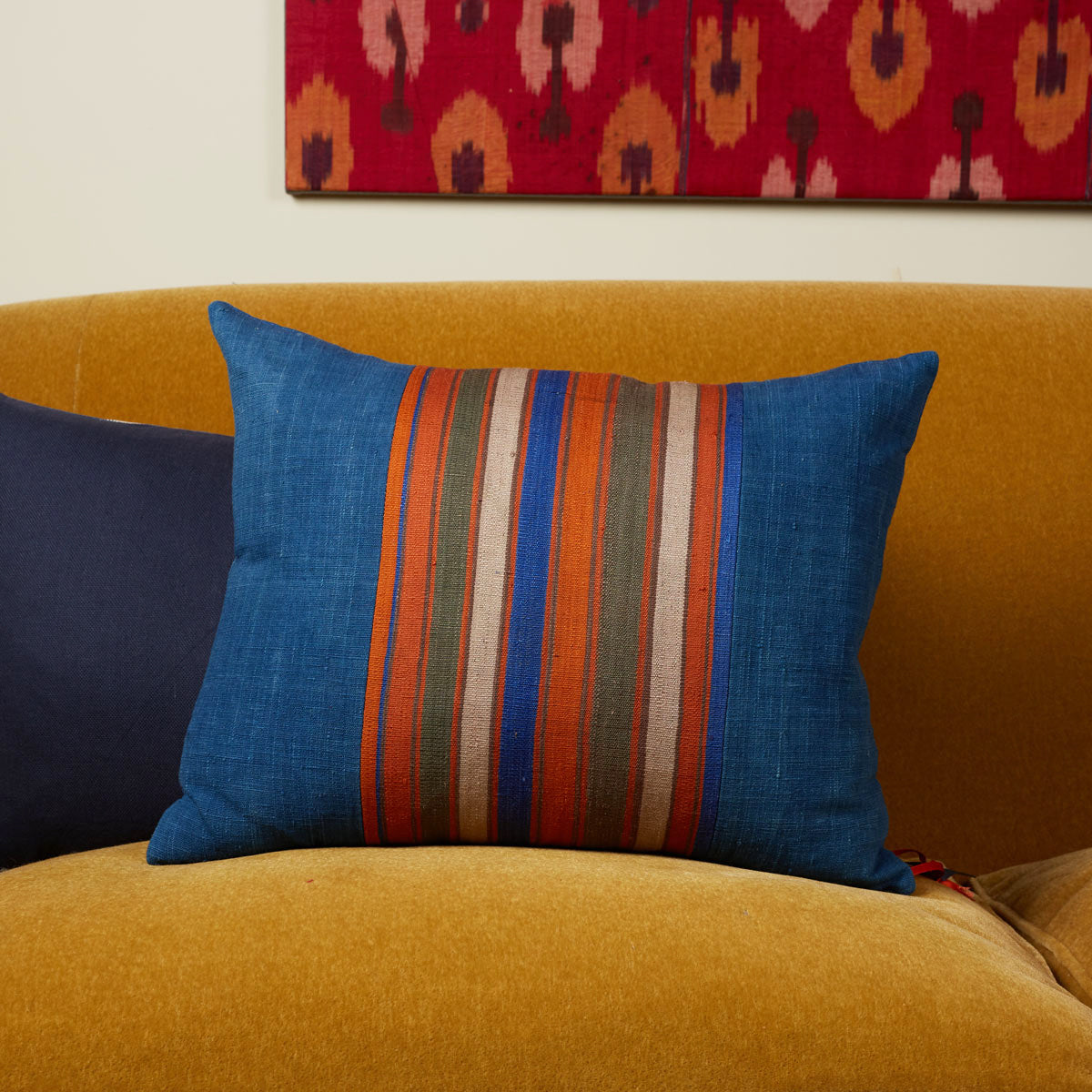 Nushka Cushions Silk Jajim Cushion - Royal blue and orange multicoloured stripe cushion