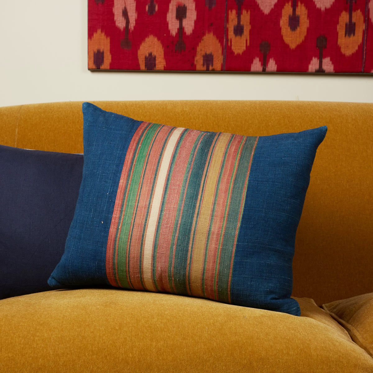 Nushka Cushions Silk Jajim Cushion -Royal blue multicoloured stripe