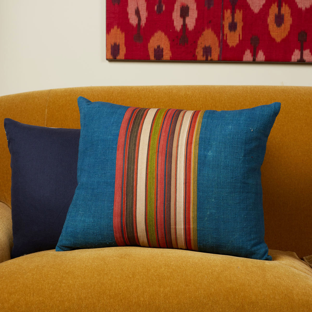 Nushka Cushions Silk Jajim Cushion - Royal blue multicoloured stripe cushion