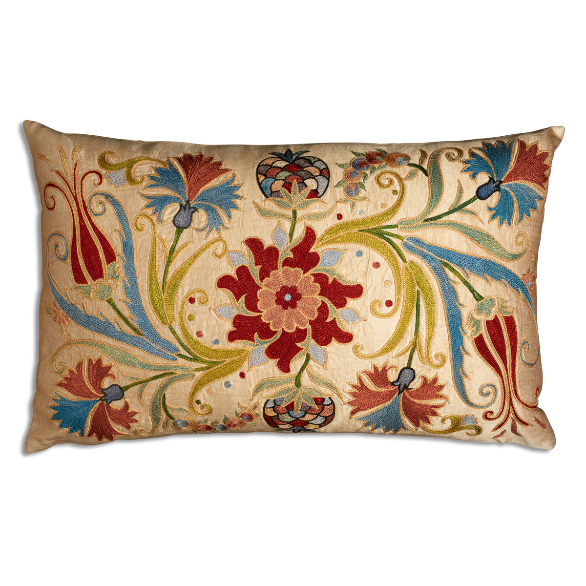 Nushka Cushions Soft Coloured Floral Silk Suzani with Swirling Art Nouveau Style Leaves Embroidered Cushion