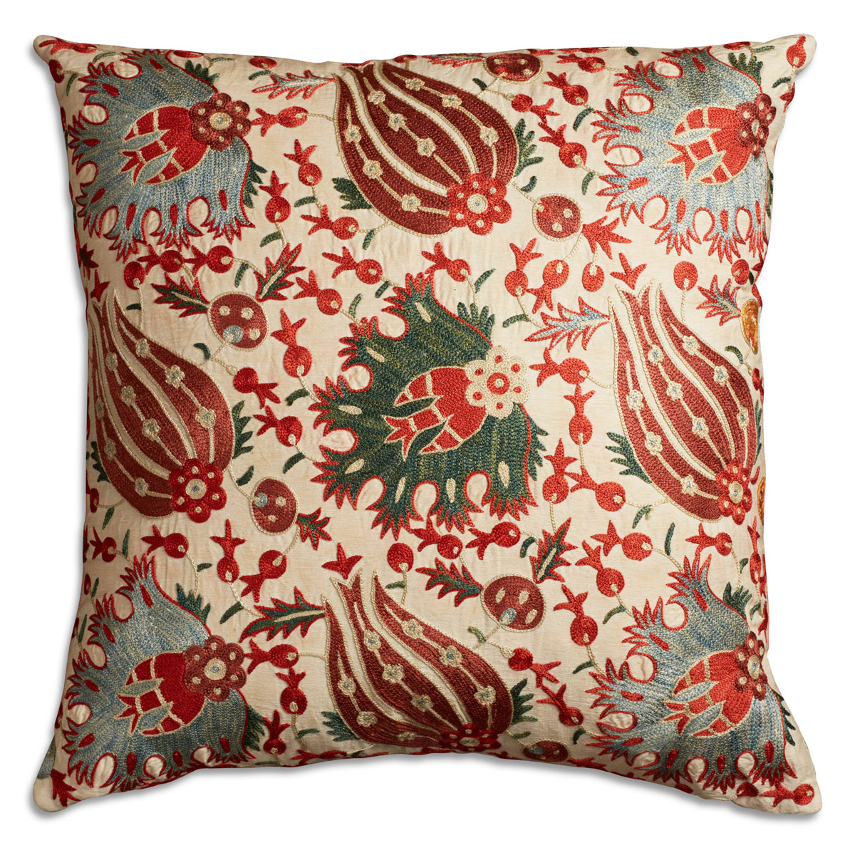 Nushka Cushions Square Floral Silk Suzani embroidered cushion featuring carnations and tulips