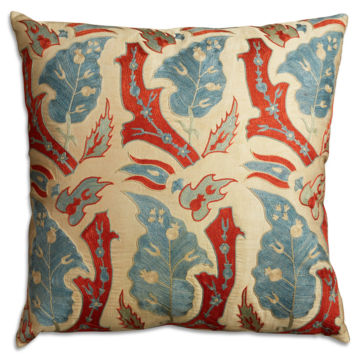 Nushka Cushions Square Floral Silk Suzani Embroidered cushion on pale cream silk ground