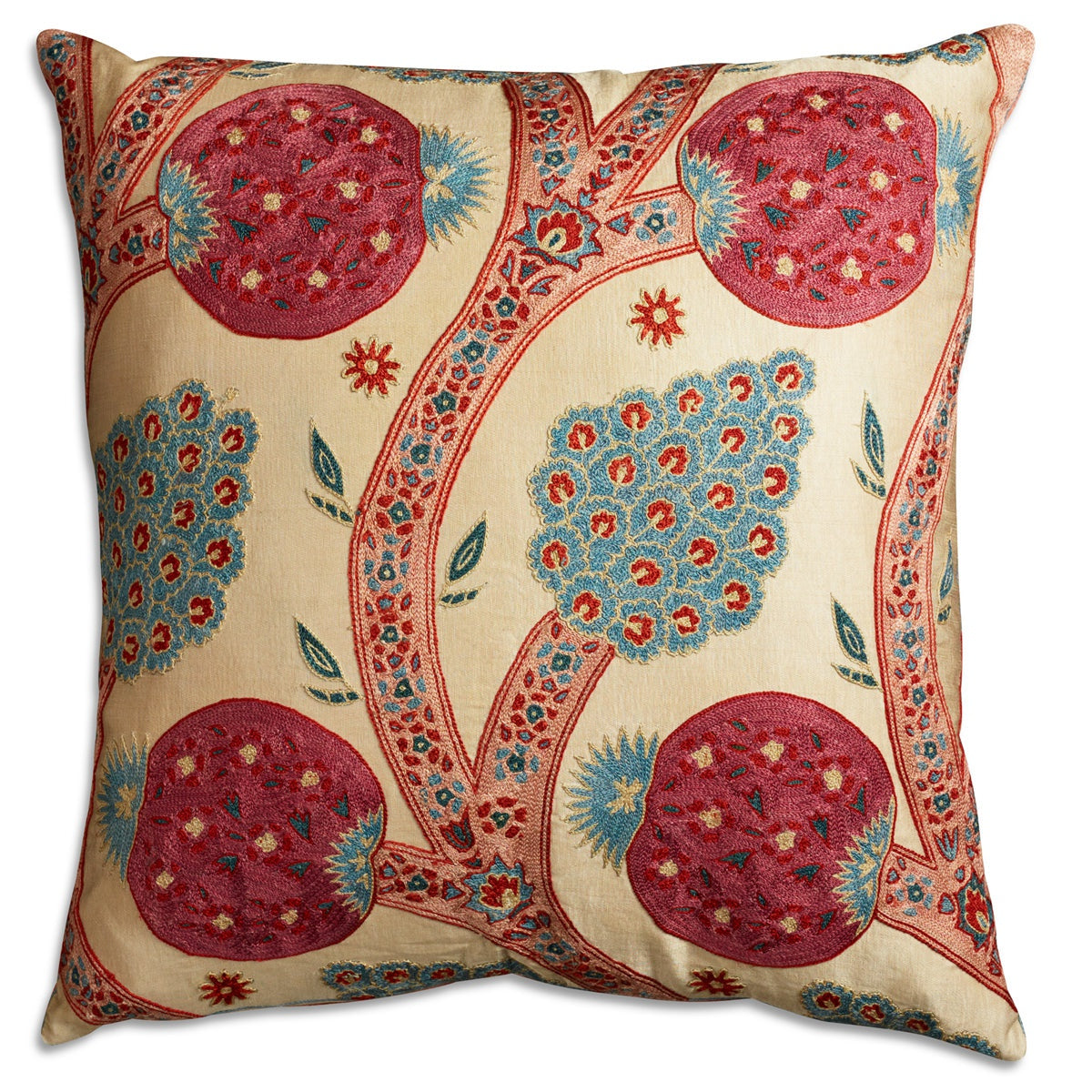 Nushka Cushions Square Pomegranate Silk Suzani Embroidered cushion on pale beige ground