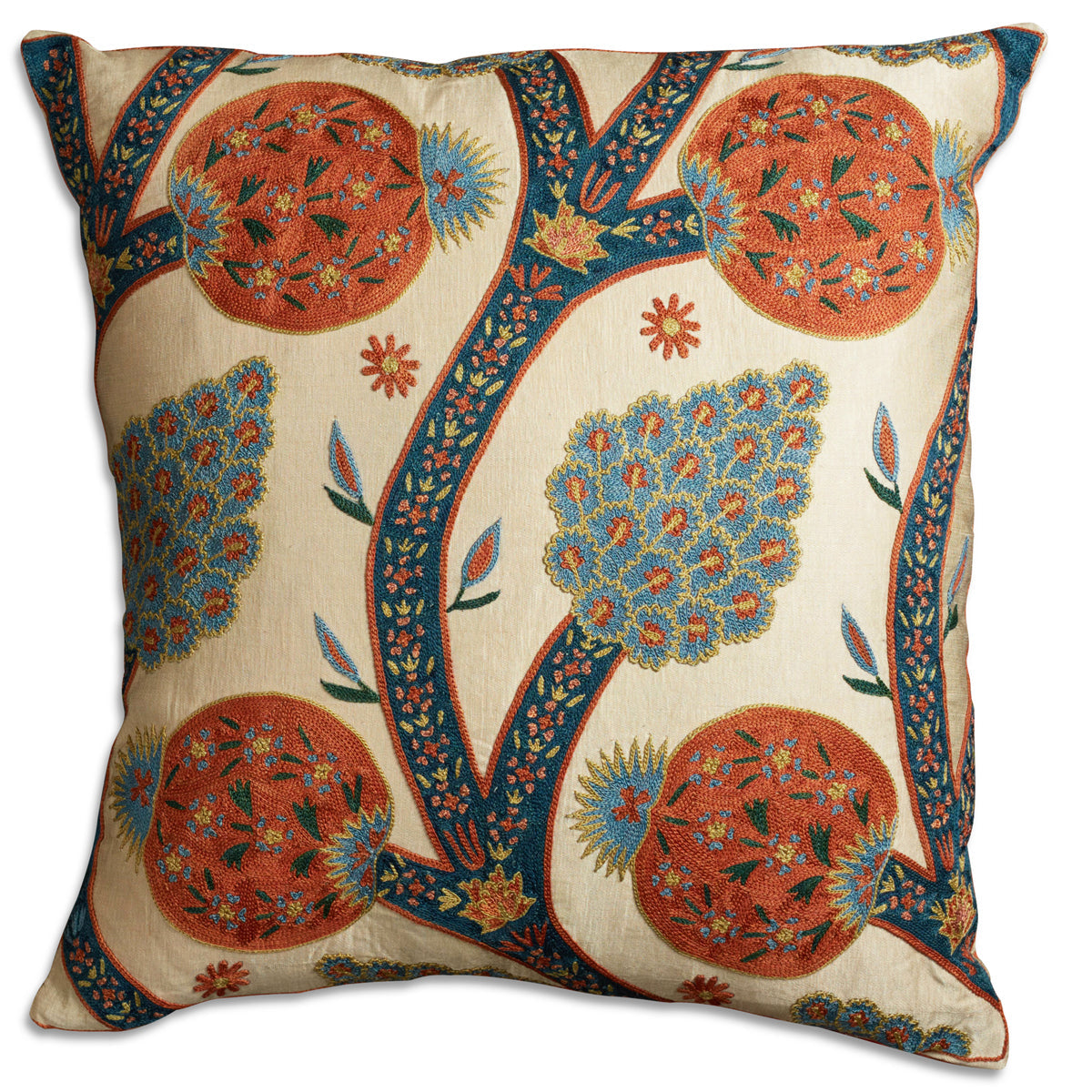 Nushka Cushions Square Pomegranate Silk Suzani Embroidered cushion on pale beige ground