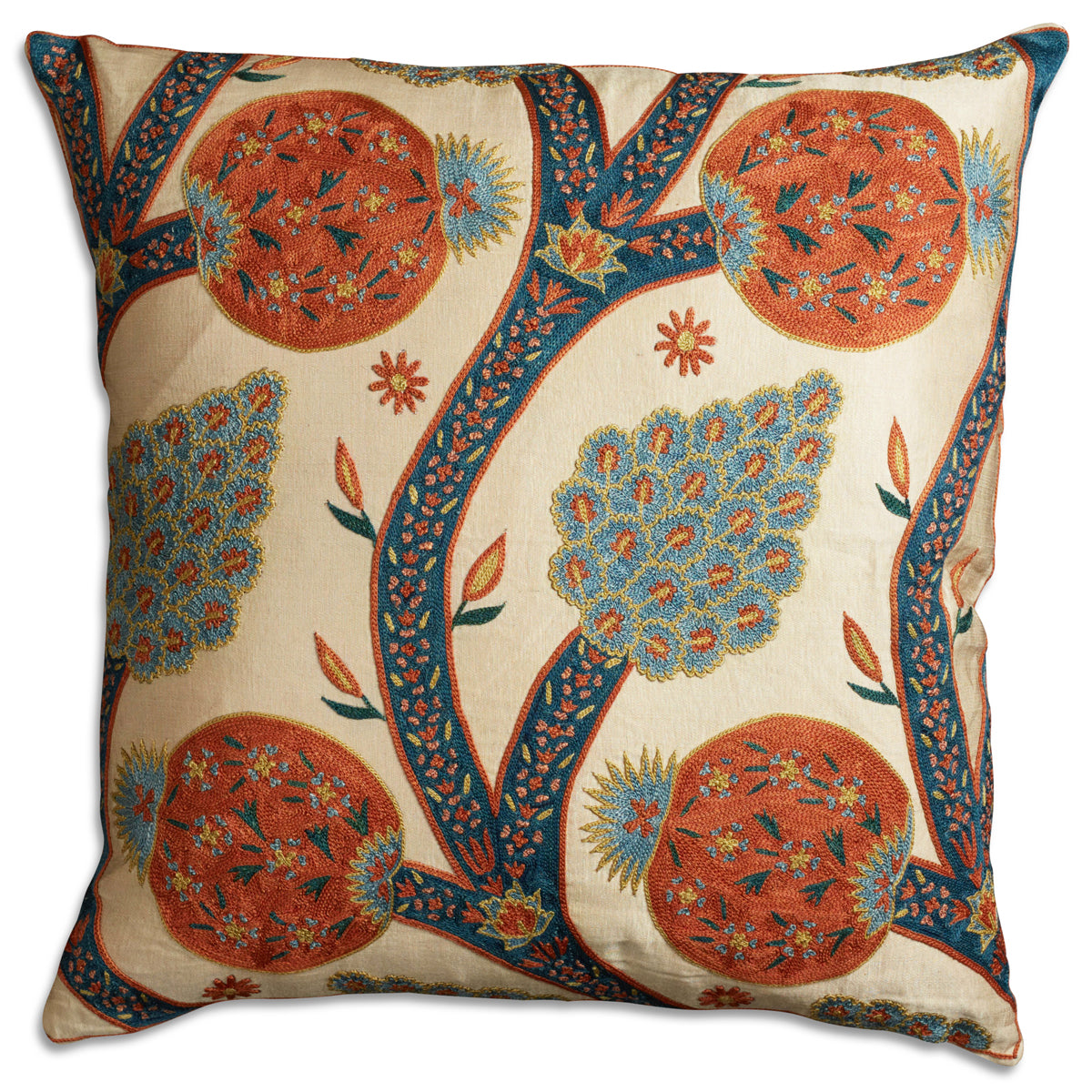 Nushka Cushions Square Pomegranate Silk Suzani Embroidered cushion on pale beige ground