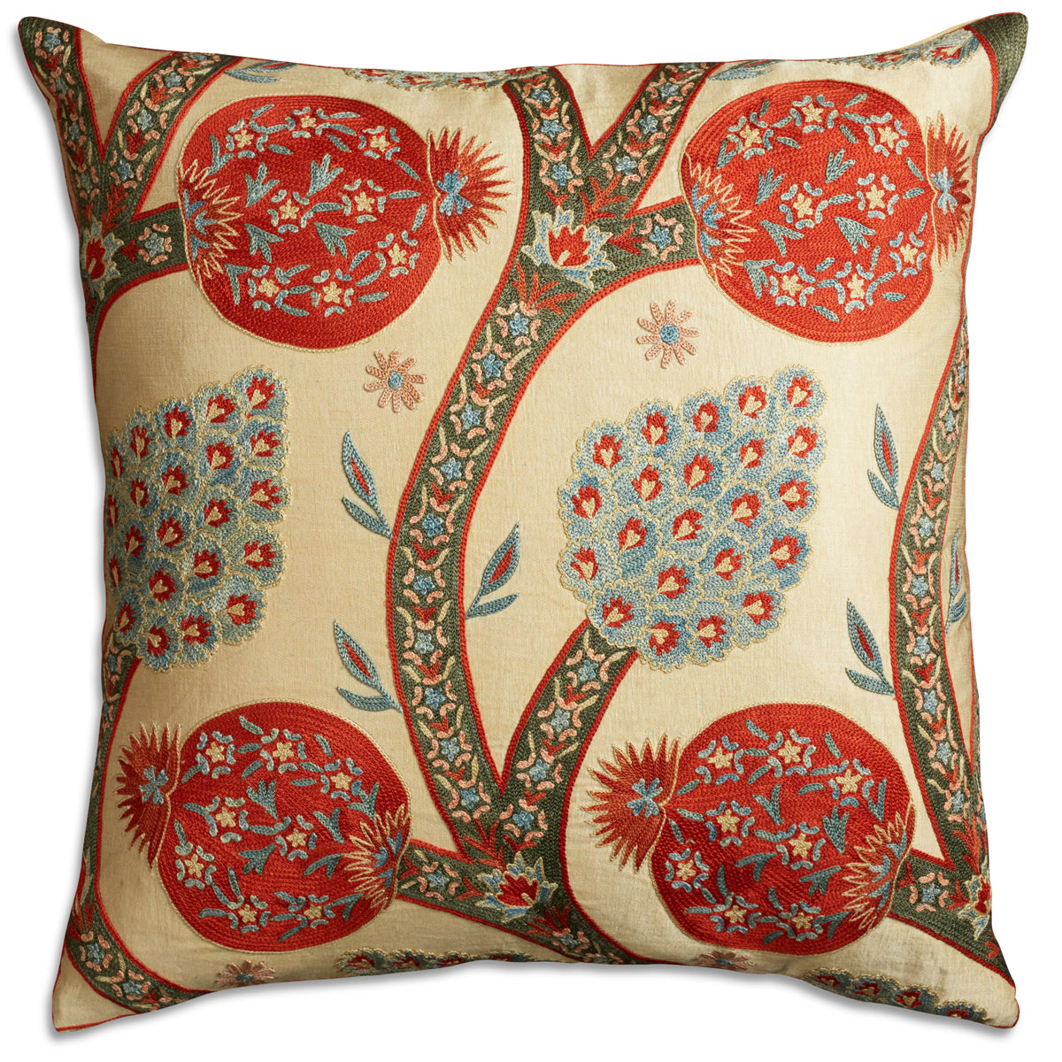 Nushka Cushions Square Pomegranate Silk Suzani Embroidered cushion on pale beige ground